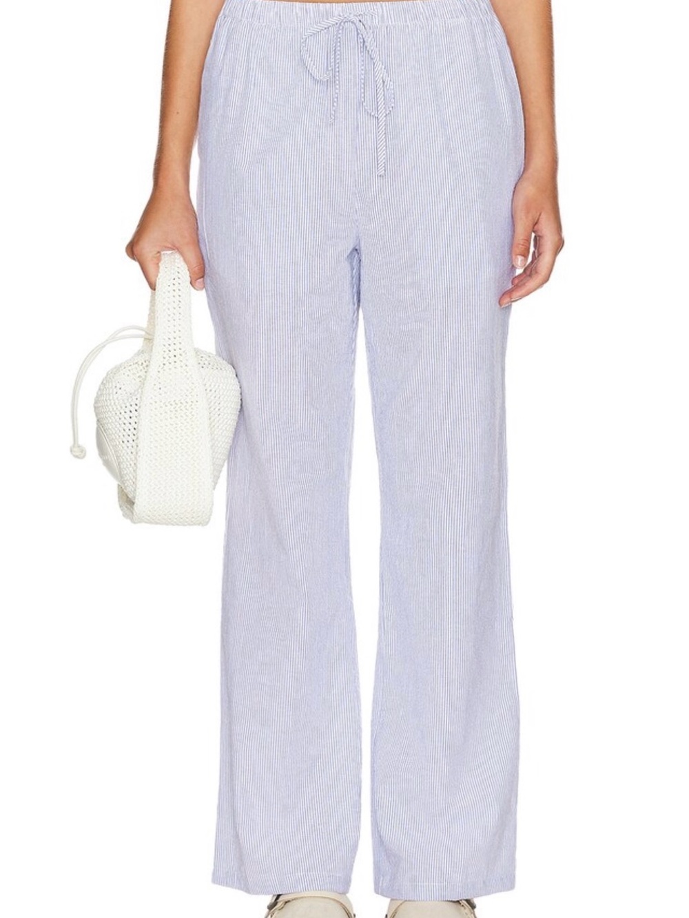 Light Blue Striped Wide-Leg Drawstring Pants